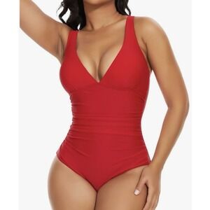 Shaperin One Piece Tummy Control Ruched Push Up Padded Swimwear Xl Red